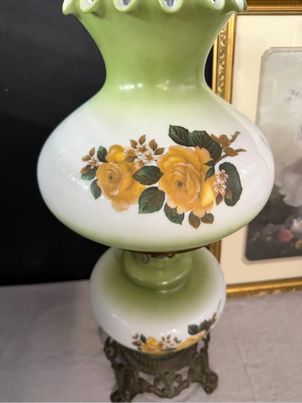 Vintage Floral Hurricane Lamp in Yellow, Green & White